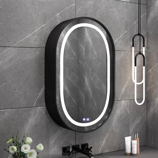 Lustro LED z szafką, owalne, 50x80 cm, przeciwmgielne, światło zimne/ciepłe/neutralne, czarna rama, miejsce do przechowywania