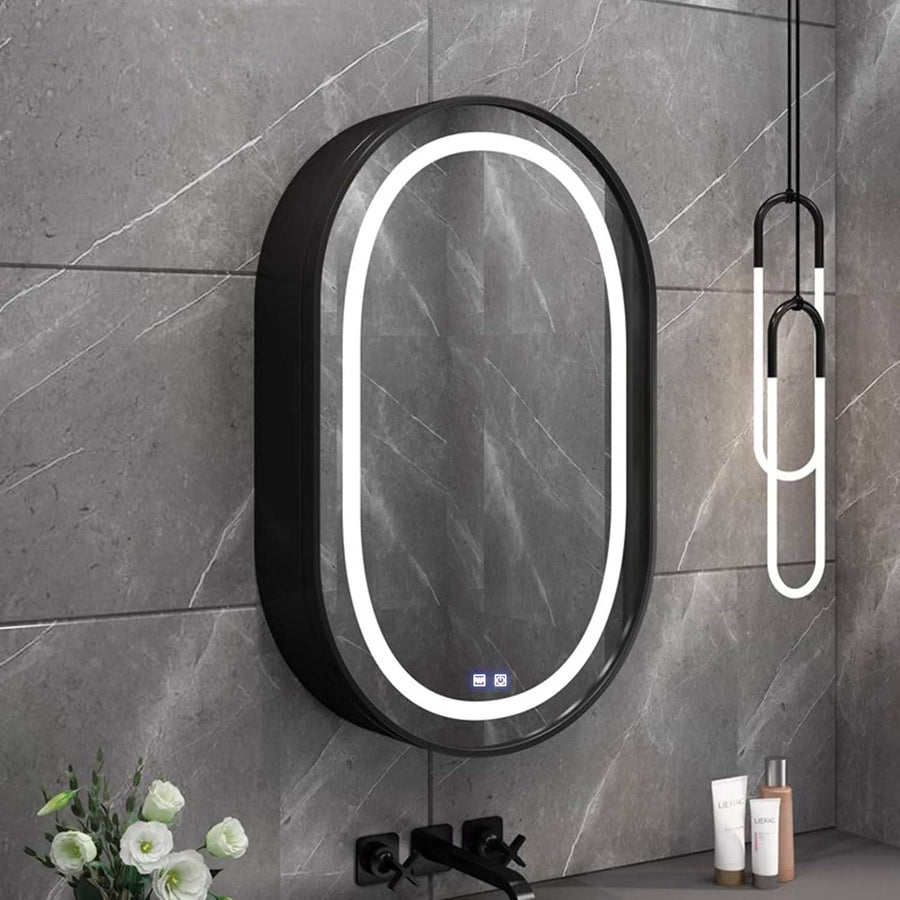Lustro LED z szafką, owalne, 50x80 cm, przeciwmgielne, światło zimne/ciepłe/neutralne, czarna rama, miejsce do przechowywania