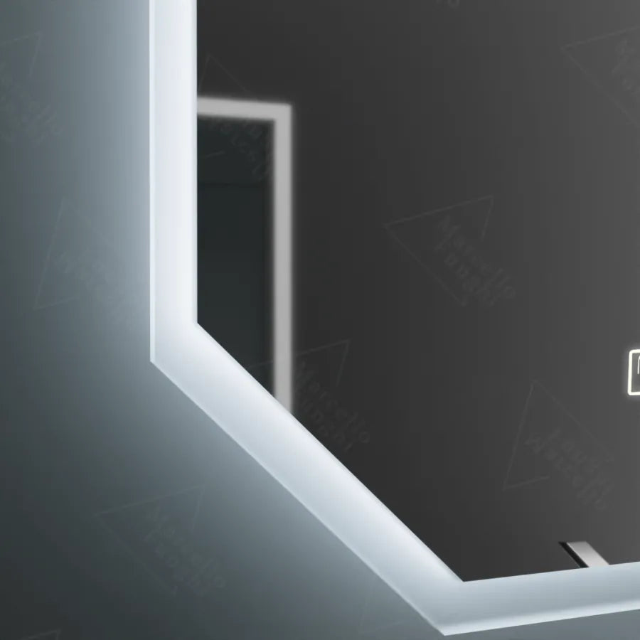 Lustro LED Polygon, 60x80 cm, czujnik Hexaluce MotionGlow Marcello, system przeciwmgielny, zegar i termometr, ściemnialne