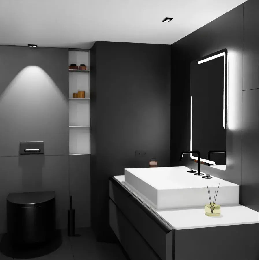 Prostokątne lusterko LED, 60x80 cm, Rayonlement Motionglow Marcello, system zniekształcony, zegar i termometr, Daimable