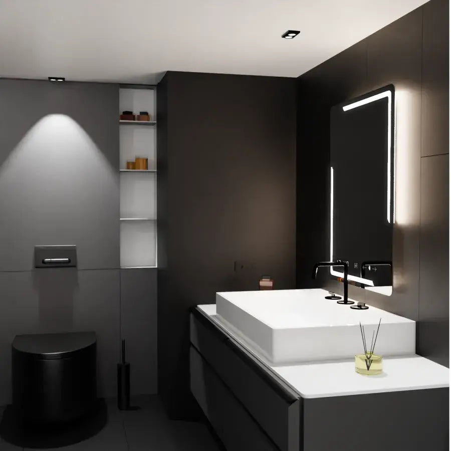 Prostokątne lusterko LED, 60x80 cm, Rayonlement Motionglow Marcello, system zniekształcony, zegar i termometr, Daimable