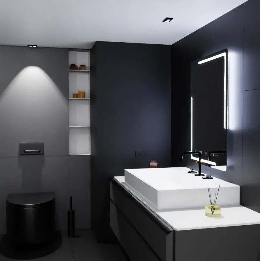 Prostokątne lusterko LED, 60x80 cm, Rayonlement Motionglow Marcello, system zniekształcony, zegar i termometr, Daimable