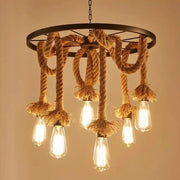 Żyrandol w kształcie koła, 6 x E27, brązowy, metalowy / sznurkowy