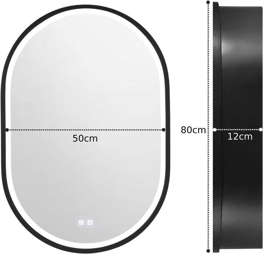 Lustro LED z szafką, owalne, 50x80 cm, przeciwmgielne, światło zimne/ciepłe/neutralne, czarna rama, miejsce do przechowywania