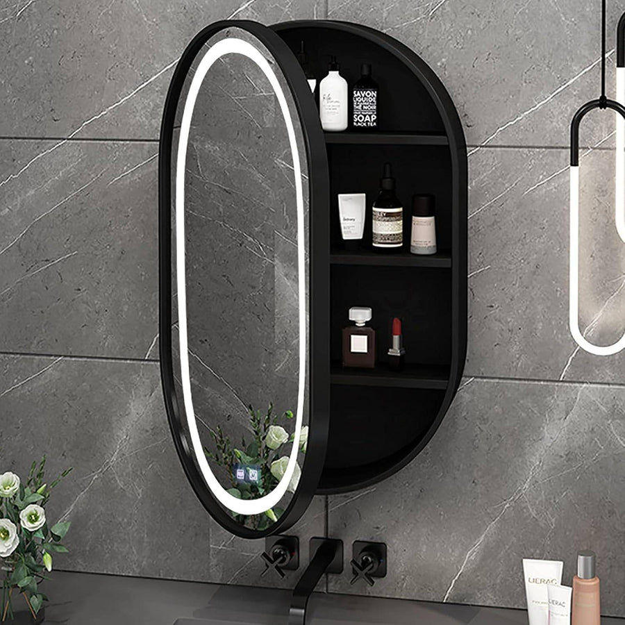 Lustro LED z szafką, owalne, 50x80 cm, przeciwmgielne, światło zimne/ciepłe/neutralne, czarna rama, miejsce do przechowywania
