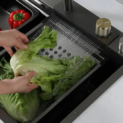 Zestaw zlewozmywaków kuchennych ze stali nierdzewnej z podwójnym kranem, miska perforowana na warzywa/owoce, uniwersalna miska z korkiem spustowym, siekacz, grafitowa czerń, 75x45X21cm