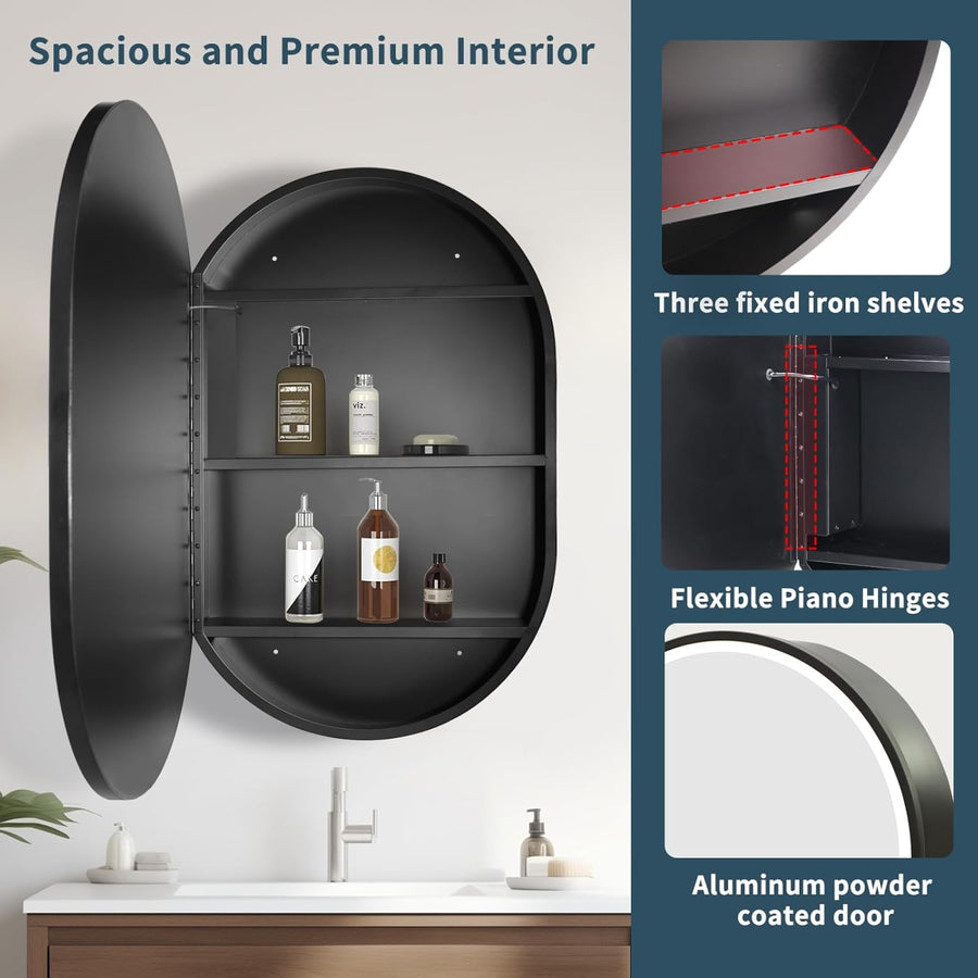 Lustro LED z szafką, owalne, 50x80 cm, przeciwmgielne, światło zimne/ciepłe/neutralne, czarna rama, miejsce do przechowywania