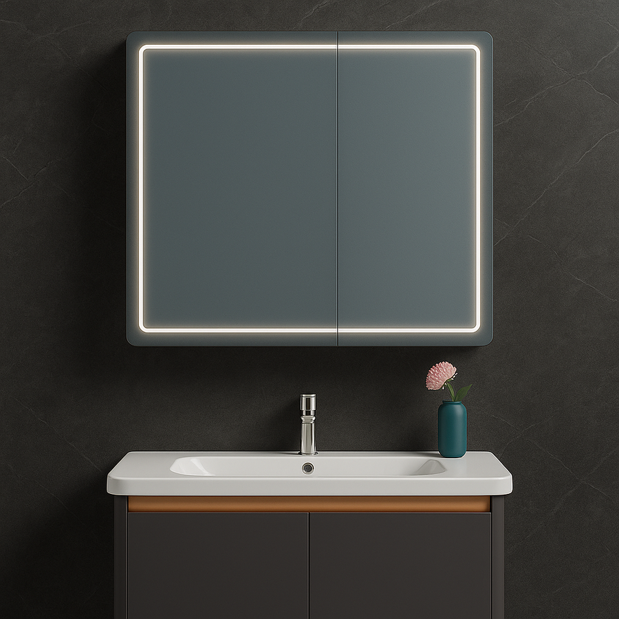 Lustro LED z szafką łazienkową i podwieszaną umywalką, 80x60 cm, nowoczesny design, zintegrowane oświetlenie