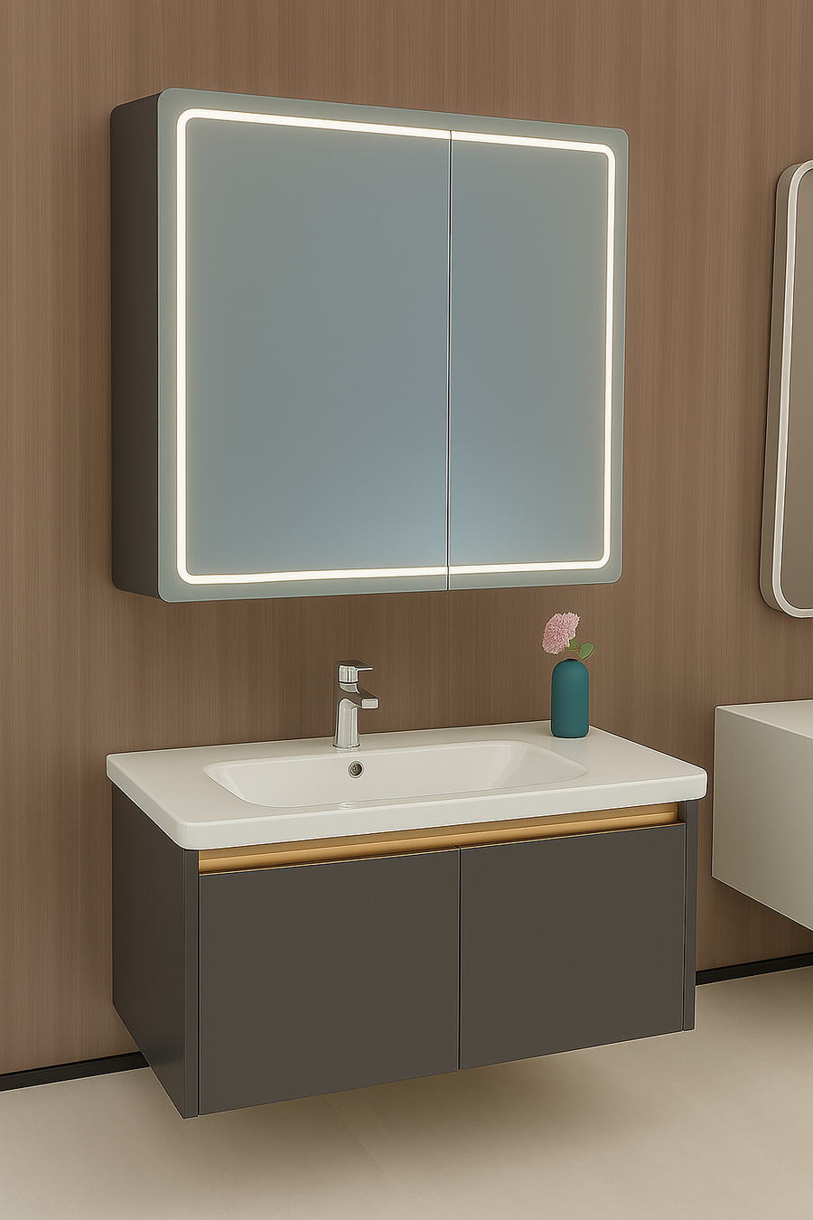 Lustro LED z szafką łazienkową i podwieszaną umywalką, 80x60 cm, nowoczesny design, zintegrowane oświetlenie