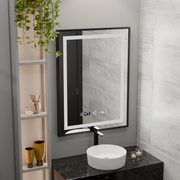 Prostokątne lustro LED, 60x80 cm, Verite Majeste Noir Motion Glow Marcello, system przeciwmgielny, zegar i termometr, ściemnialne