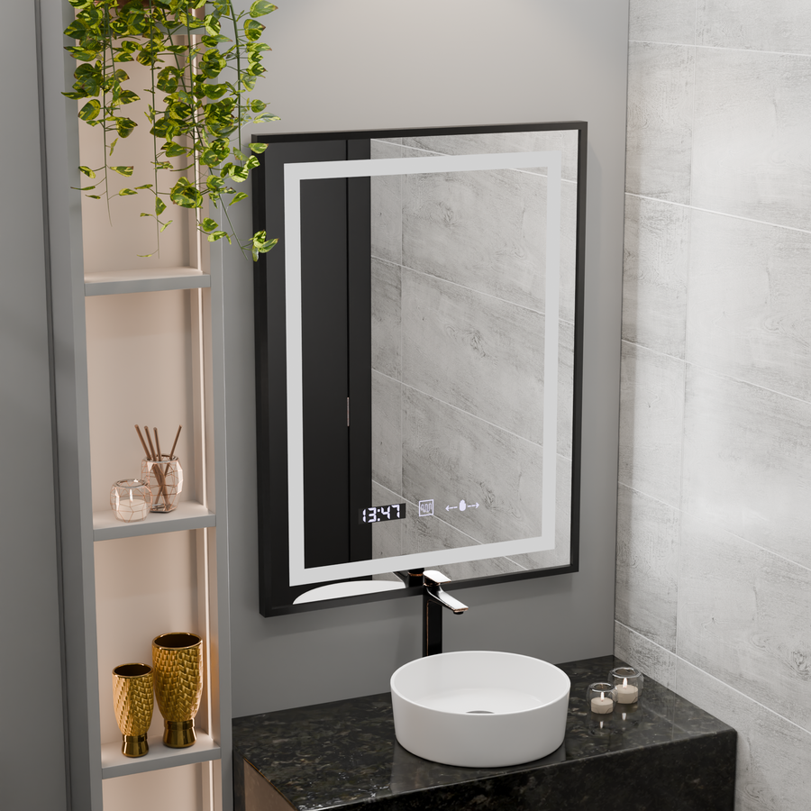 Prostokątne lustro LED, 60x80 cm, Verite Majeste Noir Motion Glow Marcello, system przeciwmgielny, zegar i termometr, ściemnialne