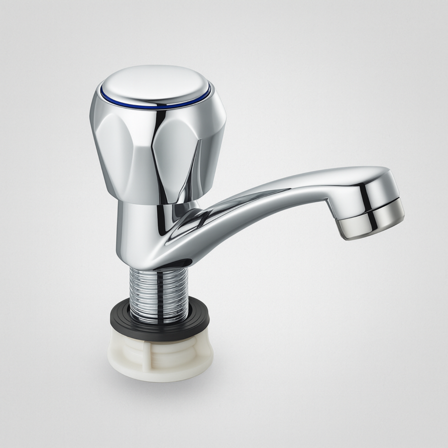 Bateria łazienkowa z mocowaniem do zlewu, zimna woda, pojedynczy uchwyt, błyszczący chrom