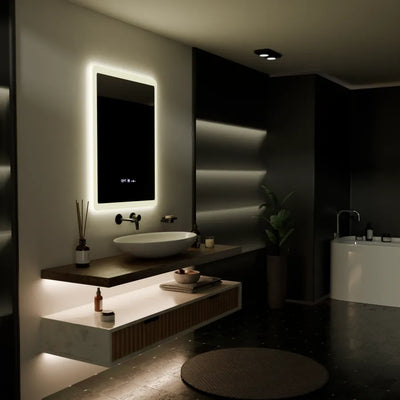 Prostokątne lustro LED, 60x80cm, czujnik Pugliesi MotionGlow Marcello, system przeciwmgielny, zegar i termometr, ściemnialne