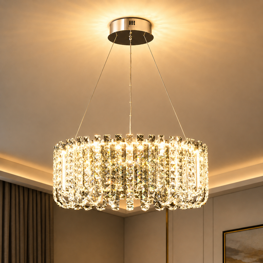Candelabru LED Cristal TURKMENABAT Eleganza, Ø48cm, 27W, Lumina Rece/Calda/Neutra, Metal si Cristal, Crom Lucios, Inaltime Reglabila
