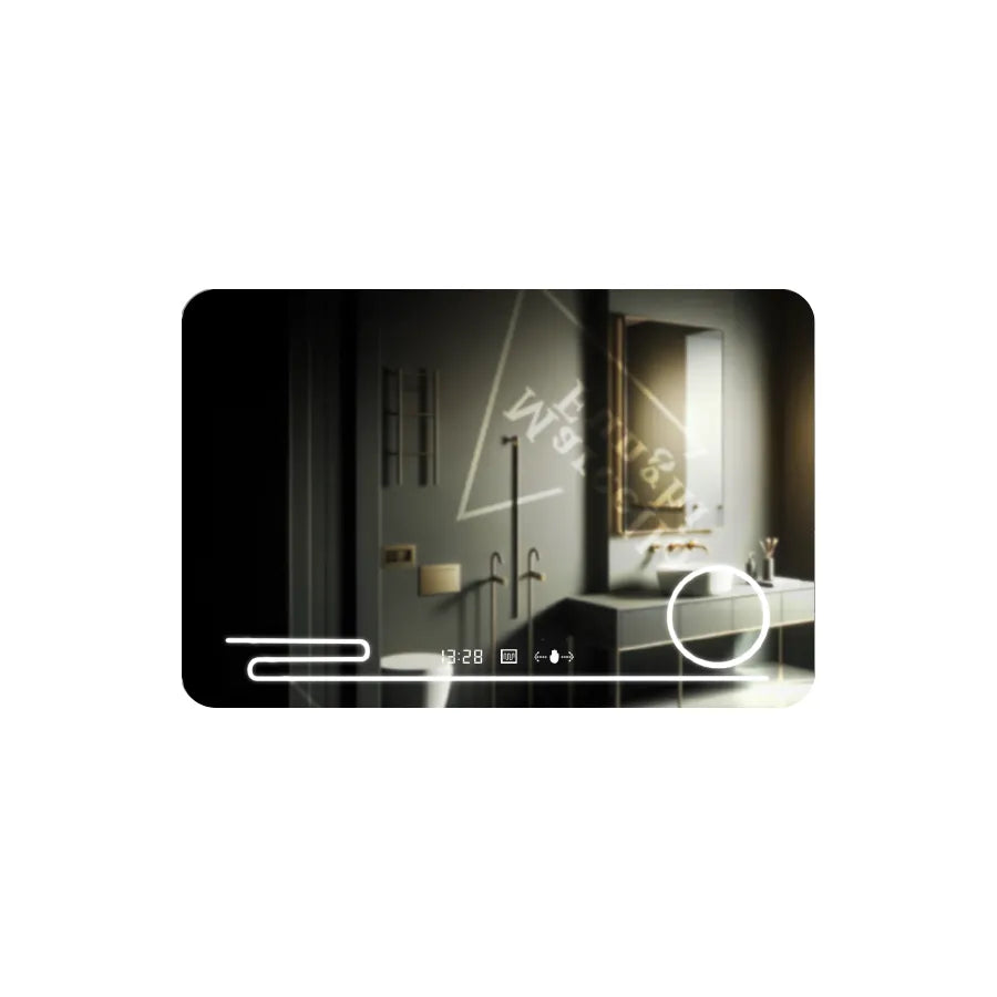 Prostokątne lustro LED, 100x60 cm, Harmonie MotionGlow Marcello, system przeciwmgielny, zegar i termometr, lupa kosmetyczna, ściemnialna
