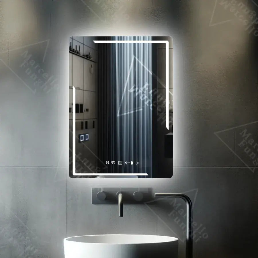 Prostokątne lusterko LED, 60x80 cm, Rayonlement Motionglow Marcello, system zniekształcony, zegar i termometr, Daimable