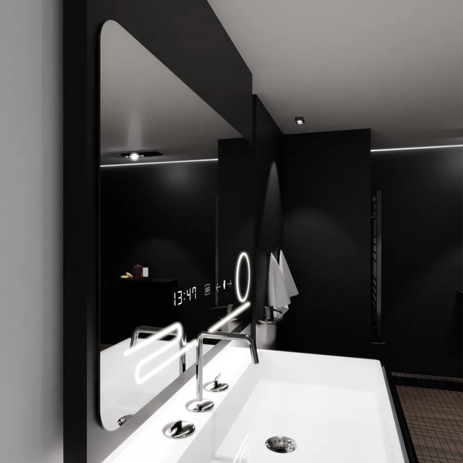 Prostokątne lustro LED, 100x60 cm, Harmonie MotionGlow Marcello, system przeciwmgielny, zegar i termometr, lupa kosmetyczna, ściemnialna