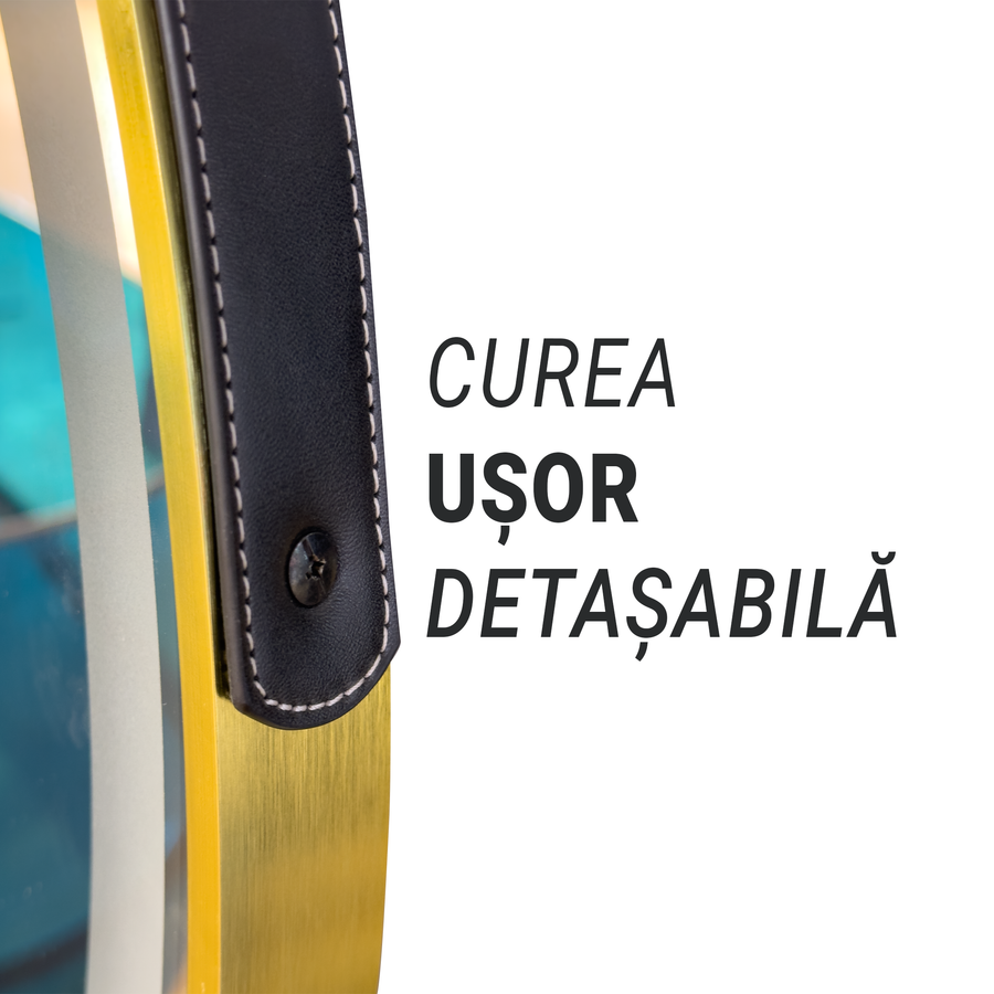 Okrągłe lustro LED, 60 cm, Celeste Royale Gold Eleve MotionGlow Marcello, system przeciwmgielny, zegar i termometr, ściemnialne, odpinany pasek