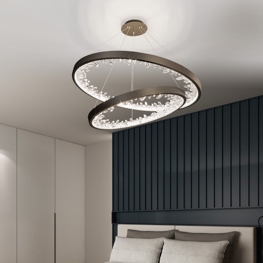 Zawieszany żyrandol LED z pilotem, kryształy K9, 67W, 2 koła, 60 cm, światło zimne/ciepłe/neutralne, możliwość przyciemniania, czarny, regulacja wysokości