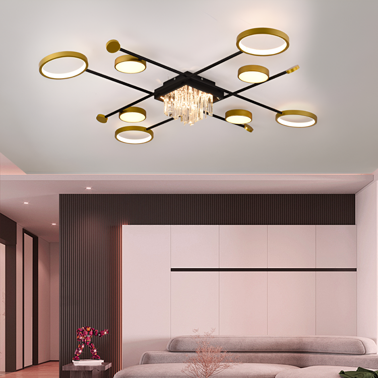 Żyrandol LED z pilotem i kryształem GUIDE 46W, 8 elementów, zimne/ciepłe/neutralne światło, ściemnialny, czarno-złoty