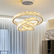 Żyrandol LED Luminis PRISM, kryształ i metal, 210 W, 4 okręgi, ściemnialny, regulowana wysokość, zimne/ciepłe/neutralne światło, luksusowe oświetlenie