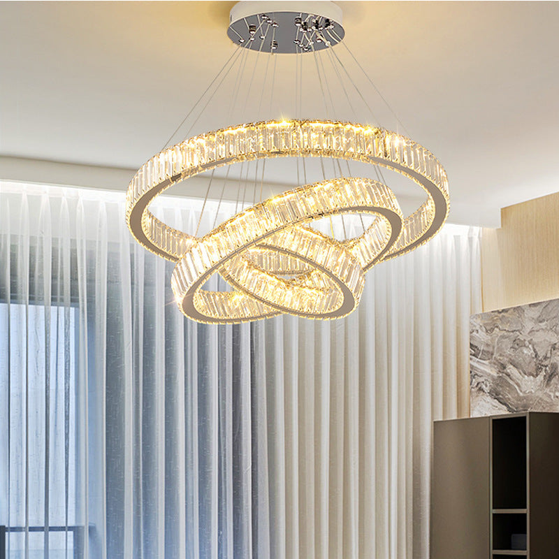Żyrandol LED Luminis PRISM, kryształ i metal, 210 W, 4 okręgi, ściemnialny, regulowana wysokość, zimne/ciepłe/neutralne światło, luksusowe oświetlenie