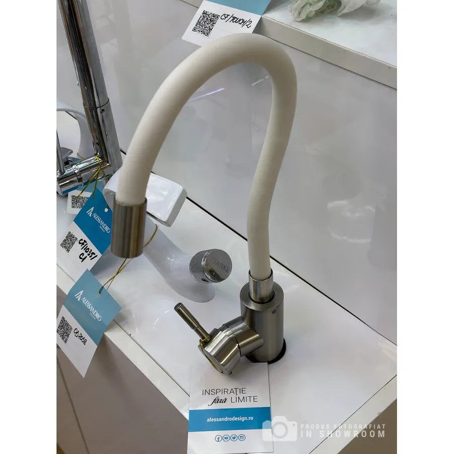 Kran z elastyczną wylewką, stal nierdzewna SUS304, satyna i biel, CF025WH