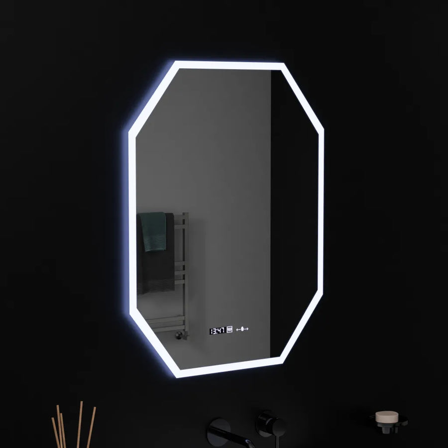 Lustro LED Polygon, 60x80 cm, czujnik Hexaluce MotionGlow Marcello, system przeciwmgielny, zegar i termometr, ściemnialne