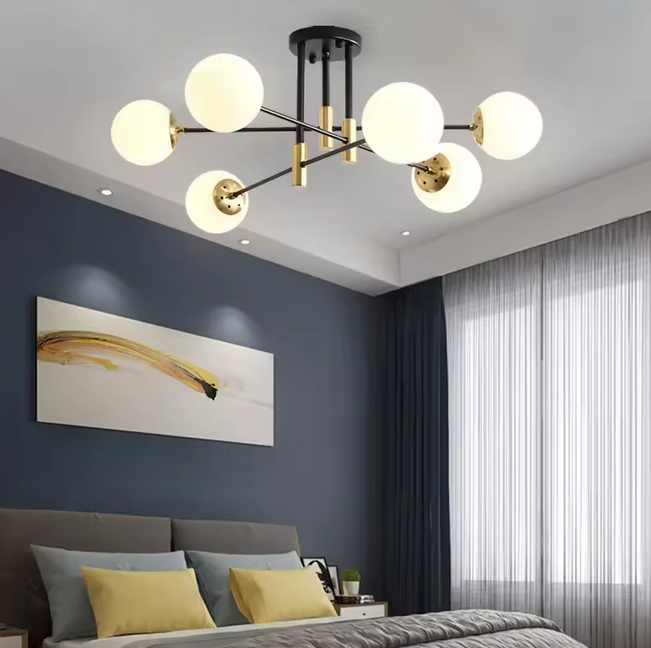 Żyrandol z okrągłym białym kloszem, PENTHOUSE Lounge, 6xE27, czarny/złoty, metal