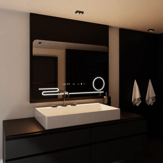 Prostokątne lustro LED, 120x80 cm, Harmonie MotionGlow Marcello, system przeciwmgielny, zegar i termometr, lupa kosmetyczna, ściemnialna