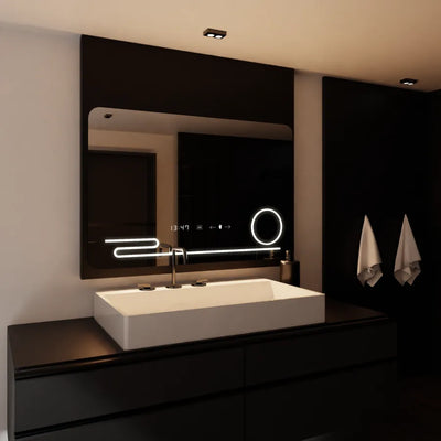 Prostokątne lustro LED, 120x80 cm, Harmonie MotionGlow Marcello, system przeciwmgielny, zegar i termometr, lupa kosmetyczna, ściemnialna