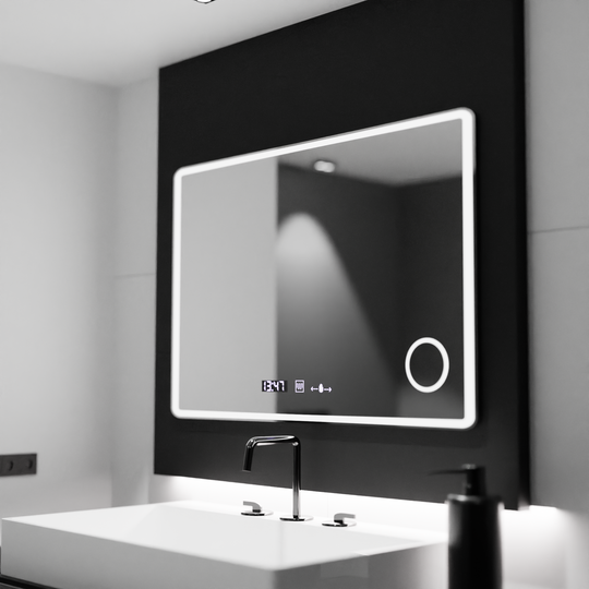 Prostokątne lustro LED 120x80 Aura Riflesso Puro MotionGlow Marcello, system odmgławiania, termometr i zegar, ściemniane lustra Marcello Domyślny tytuł Alessandro Design