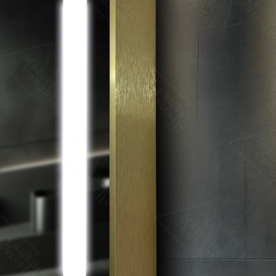 Prostokątne lustro LED, 60x80 cm, Verite Royale Gold MotionGlow Marcello, system przeciwmgielny, zegar i termometr, ściemnialne