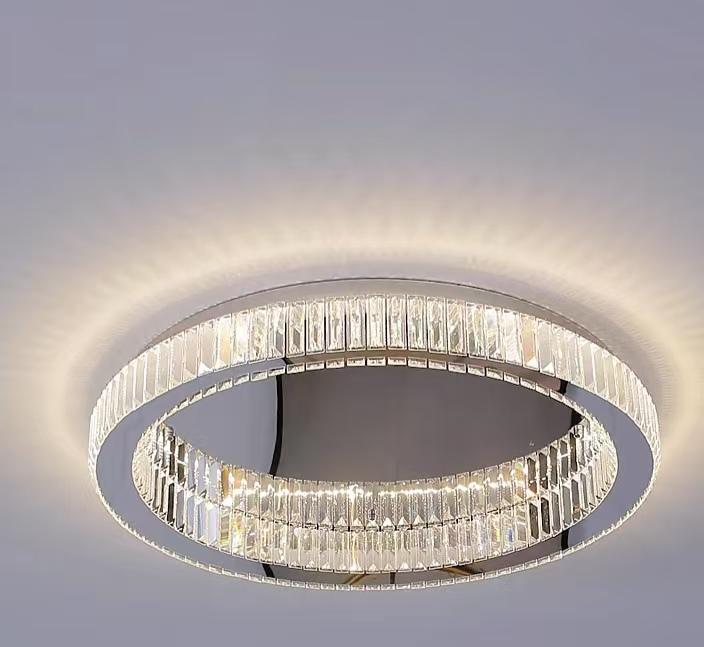 Żyrandol wiszący LED z pilotem i kryształem MIA LATIFAH 70 W, 2 okręgi, światło zimne/ciepłe/neutralne, ściemnialny, chrom błyszczący, regulowana wysokość