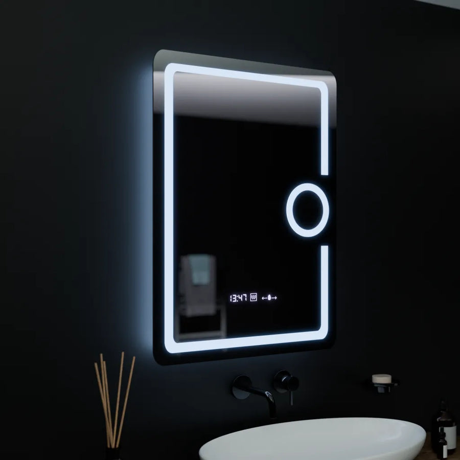Prostokątne lustro LED, 60x80 cm, Eclat MotionGlow Marcello, zegar i termometr, system przeciwmgielny, lupa kosmetyczna, ściemnialna