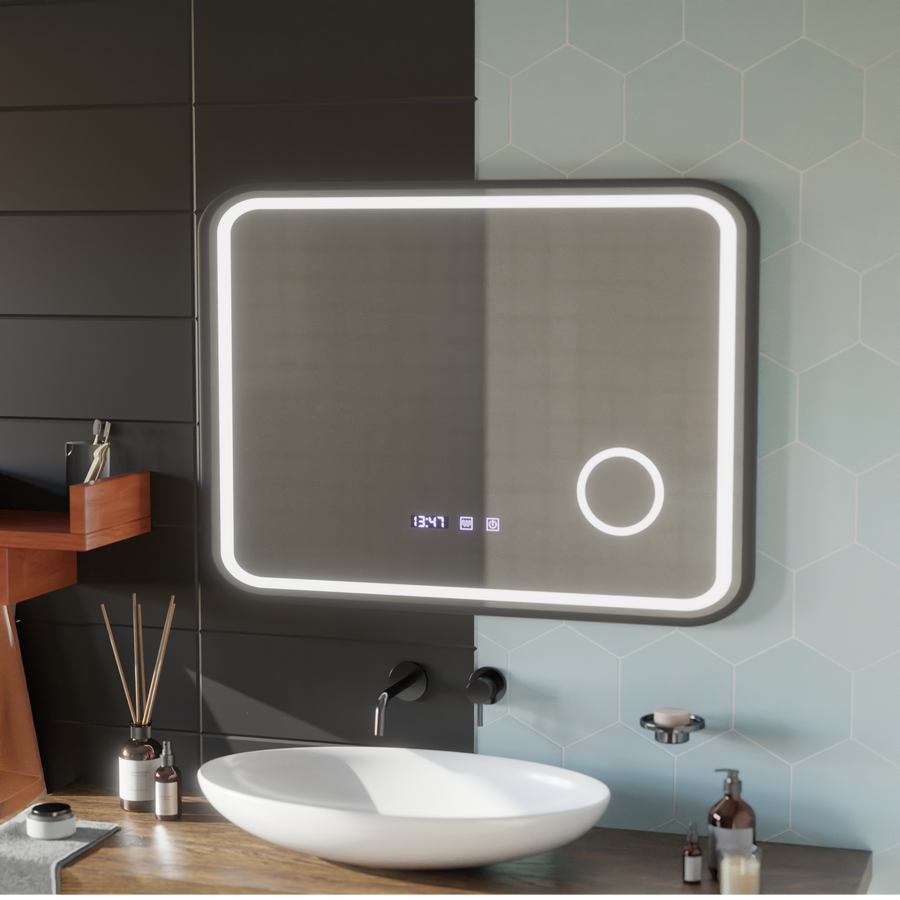 Bernd Touch LED Mirror Defog System, zegar i temperatura 80x60 cm szczotkowana czarna rama lupa kosmetyczna