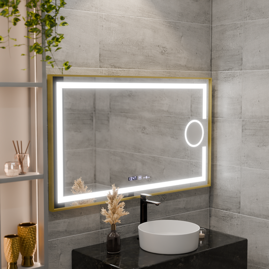 Prostokątne lustro LED, 120x80 cm, Eclat MotionGlow Marcello, system przeciwmgielny, zegar i termometr, lupa kosmetyczna, możliwość przyciemniania, ramka ze szczotkowanego złota Lustra Marcello Domyślny tytuł Alessandro Design