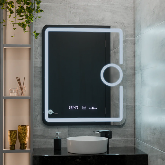 Prostokątne lustro LED, 60x80cm, Eclat MotionGlow Marcello, zegar i termometr, system odmgławiania, lupa kosmetyczna, lustra Dimabila Marcello Domyślny tytuł Alessandro Design