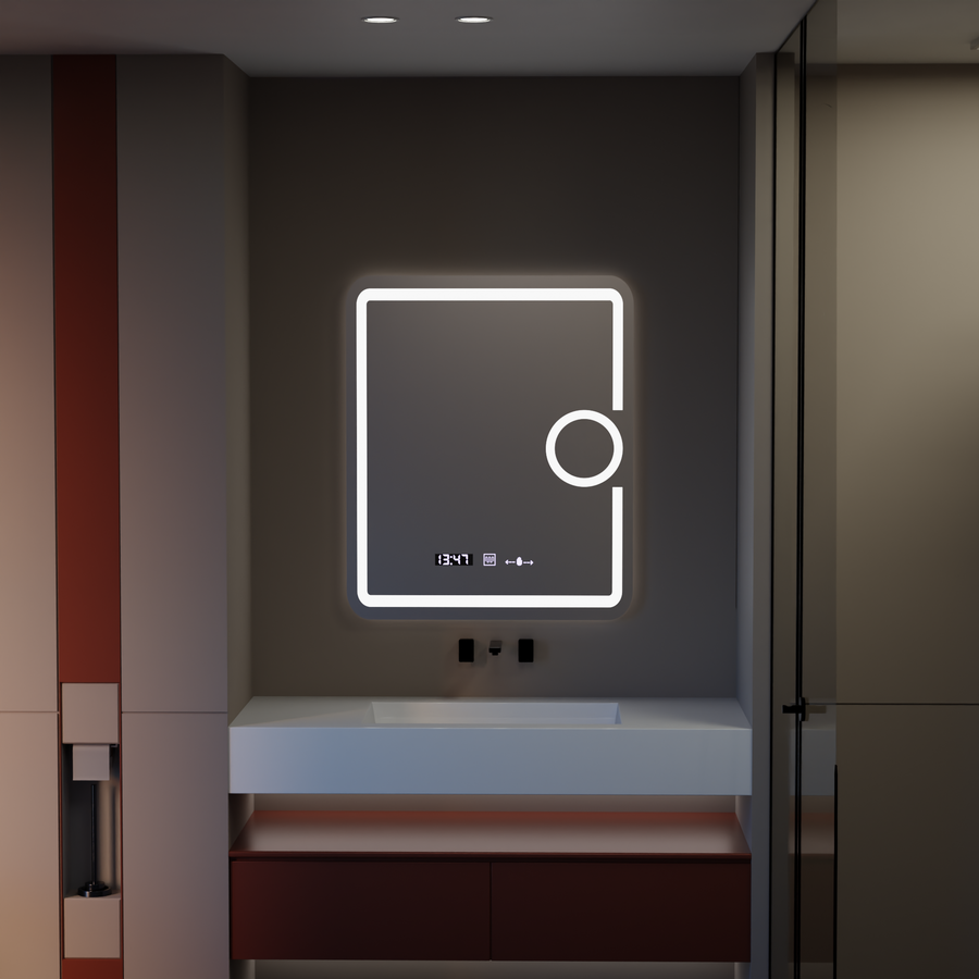 Prostokątne lustro LED, 75x90 cm, Eclat MotionGlow Marcello, system przeciwmgielny, zegar i termometr, lupa kosmetyczna, ściemnialna