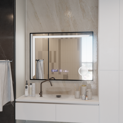 Lustro LED z czujnikiem ruchu MotionGlow Francesca 80x60 cm, ciepłe/zimne/neutralne światło, ściemnialne, szczotkowana czarna rama, system przeciwmgielny, zegar z termometrem, kolekcja Marcello Funghi