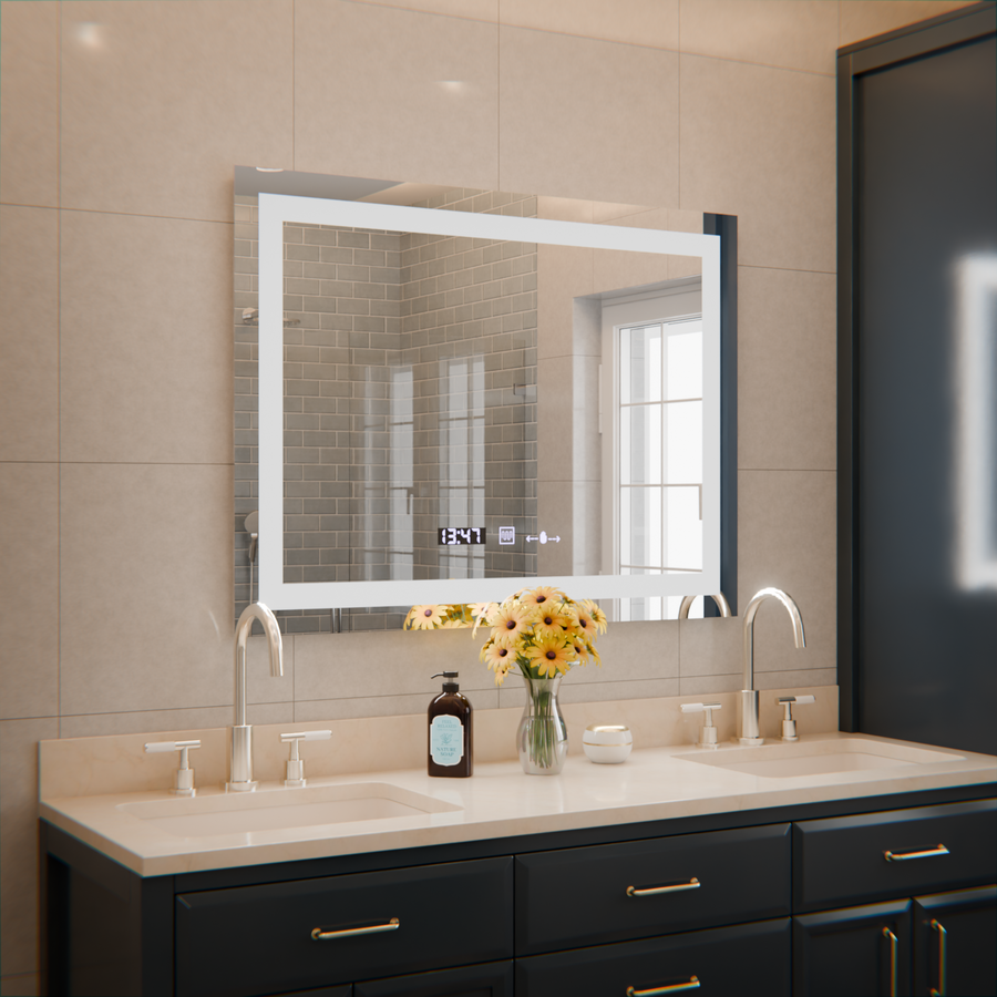 Prostokątne lustro LED, 80x60 cm, Verite MotionGlow Marcello, system przeciwmgielny, zegar i termometr, ściemnialne