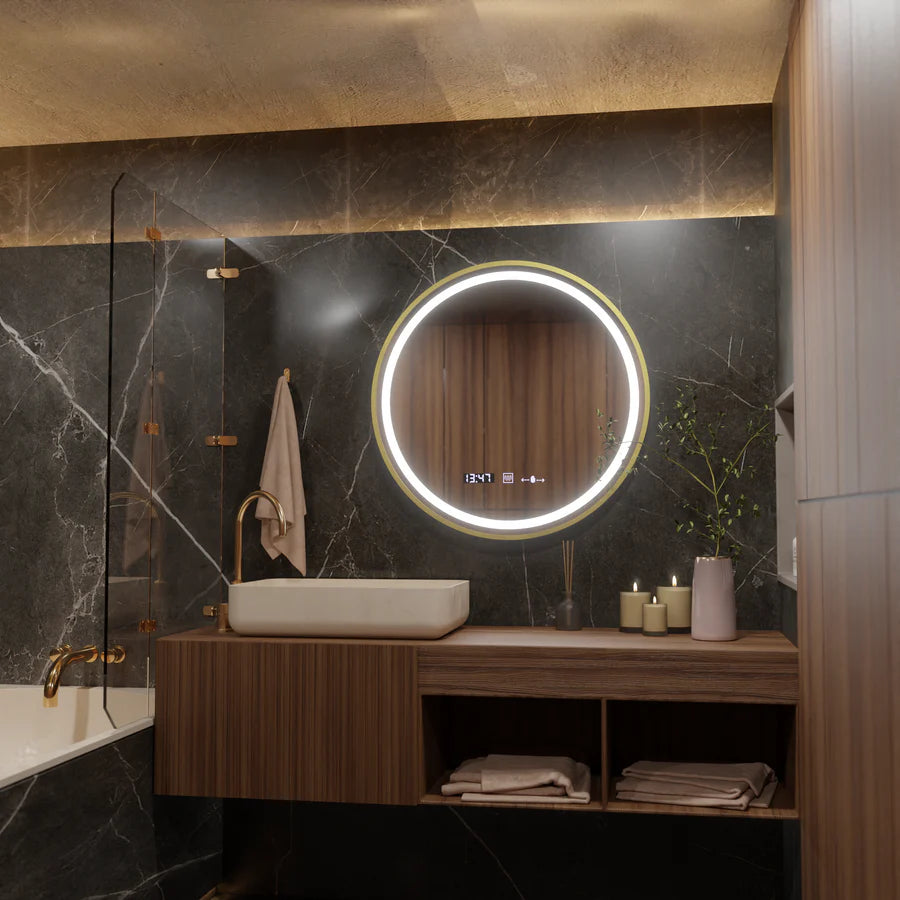 Okrągłe lustro LED, 60 cm, Celeste Royale Gold Eleve MotionGlow Marcello, system przeciwmgielny, zegar i termometr, ściemnialne, odpinany pasek