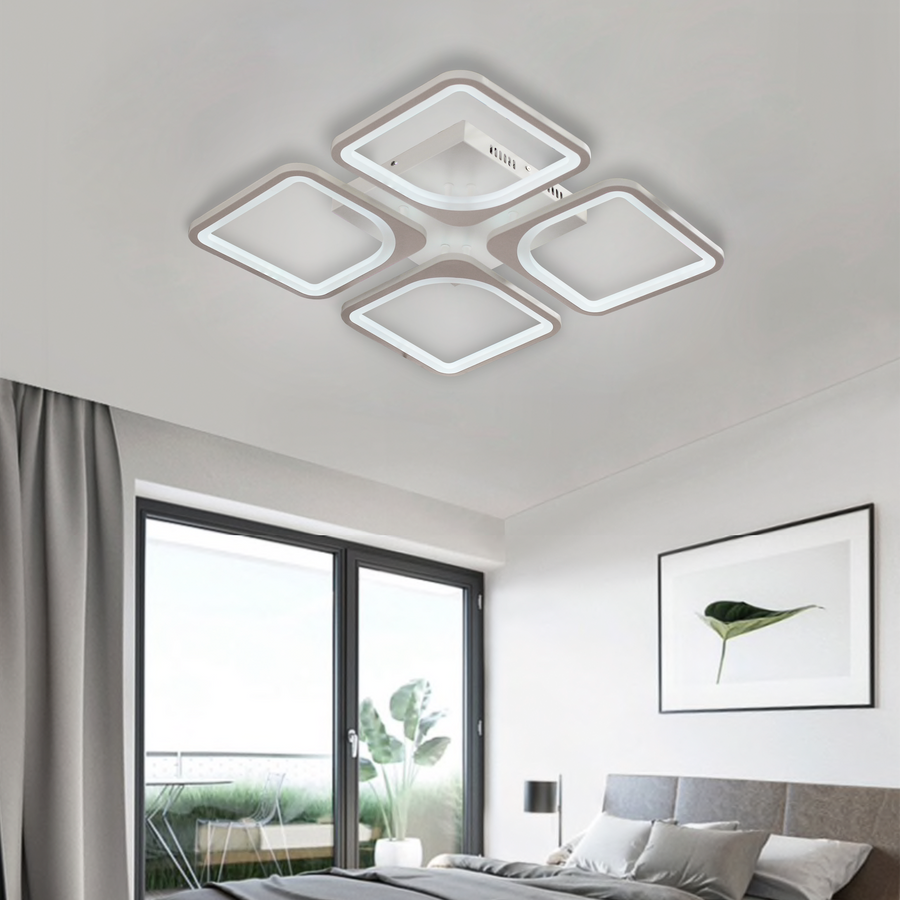 Żyrandol LED z pilotem ZOE 52W, 4 kwadraty, światło zimne/ciepłe/neutralne, ściemnialny, biały