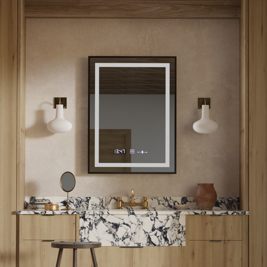 Prostokątne lustro LED, 60x80 cm, Verite Majeste Noir Motion Glow Marcello, system przeciwmgielny, zegar i termometr, ściemnialne