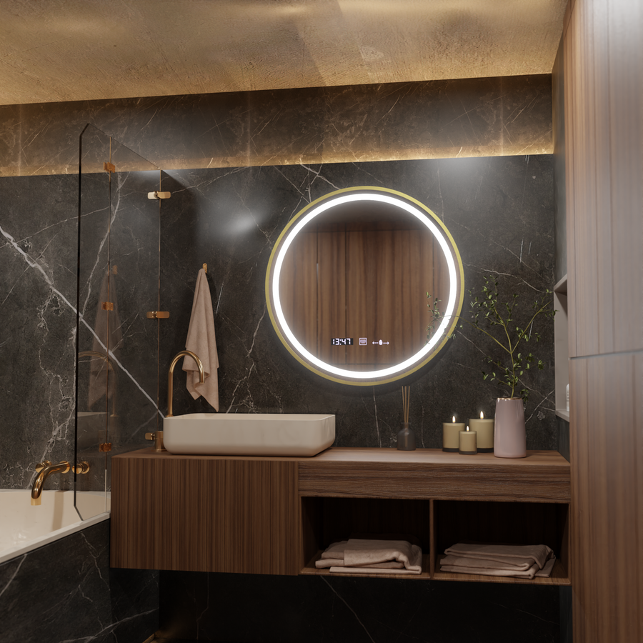 Lustro LED MotionGlow Sensor Faratya Defog System Termometr i zegar Szczotkowana złota rama Okrągła średnica 100 cm Ściemnialne Zimne/Ciepłe/Neutralne światło Kolekcja Marcello Funghi