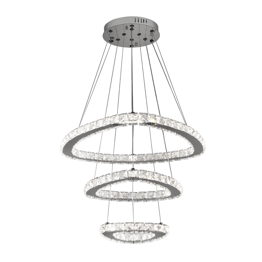 Żyrandol wiszący LED z pilotem i kryształem MIA LATIFAH 70 W, 2 okręgi, światło zimne/ciepłe/neutralne, ściemnialny, chrom błyszczący, regulowana wysokość