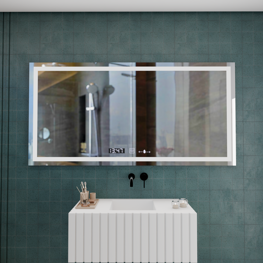 Prostokątne lustro LED, 120x60cm, Verite MotionGlow Marcello, system przeciwmgielny, zegar i termometr, ściemnialne