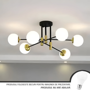 Żyrandol z okrągłym białym kloszem, PENTHOUSE Lounge, 6xE27, czarne złoto, metal