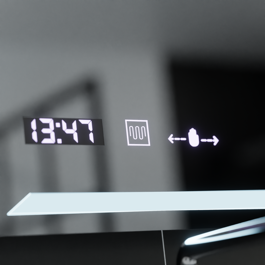 Prostokątne lustro LED, 80x60cm, Rayonnement MotionGlow Marcello, system przeciwmgielny, zegar i termometr, ściemnialne