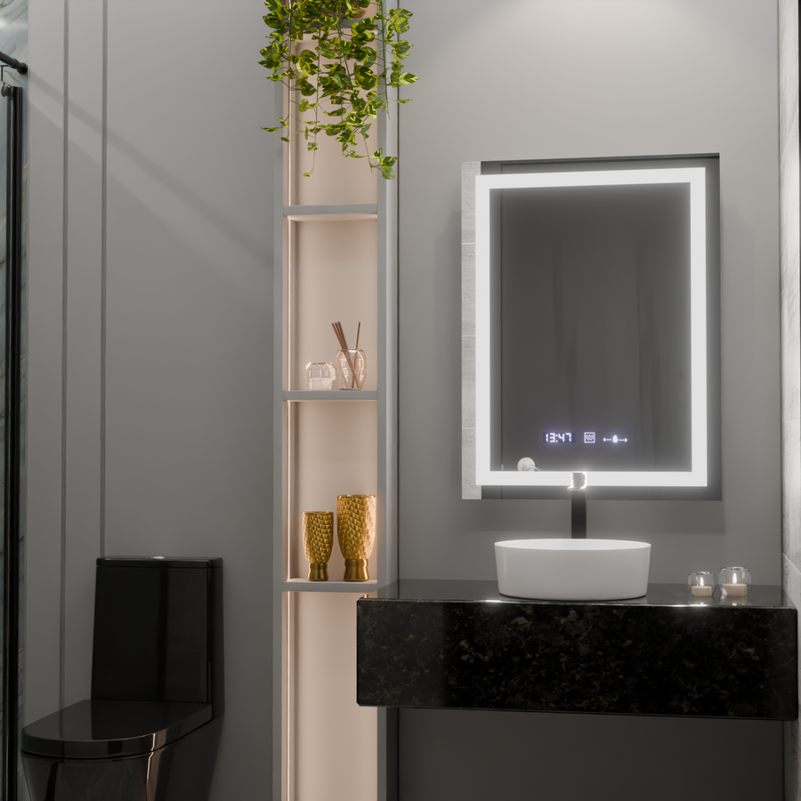 Prostokątne lustro LED, 60x80 cm, Verite MotionGlow Marcello, system przeciwmgielny, zegar i termometr, ściemnialne